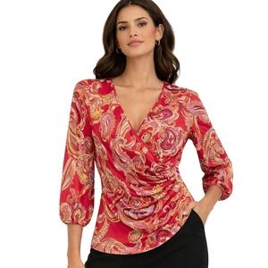 Vince Camuto Paisley Wrap Blouse Red Pink Gold V-Neck 3/4 Sleeve Women's M NWT